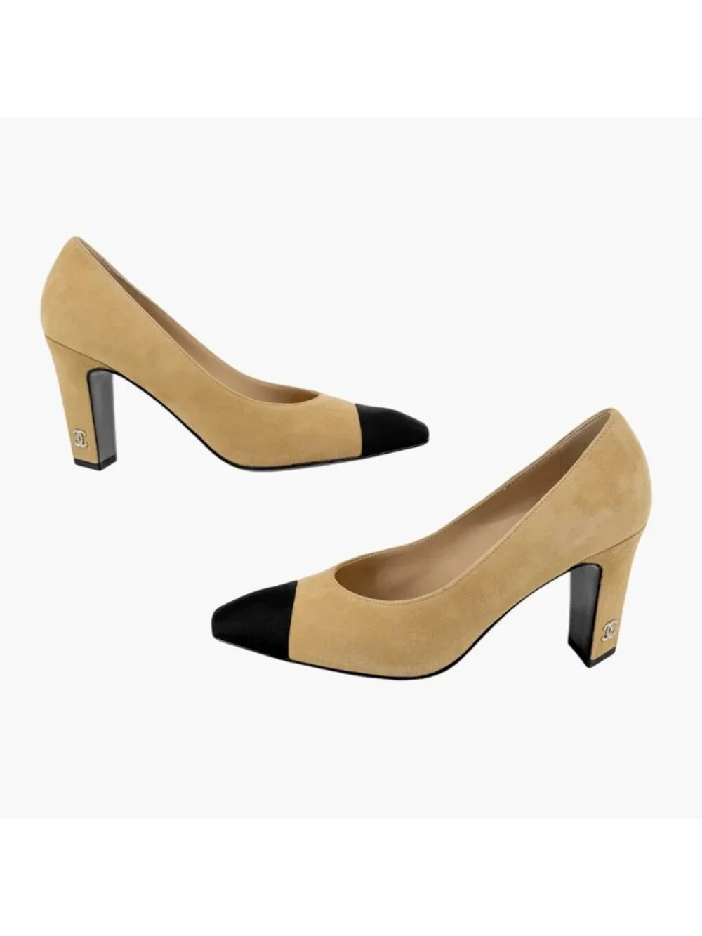 Chanel CC Cap Toe Pumps Heels Beige Black Two Tone Size 38.5 US 7.5-8 Crystal